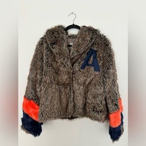 ASOS Faux Fur Jacket with Varsity Stripes